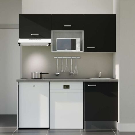 Kitchenette K55L-PT - 180 cm avec plan de travail et évier - Façade Noir - Plan Gris - Evier Inox - Crédences Non