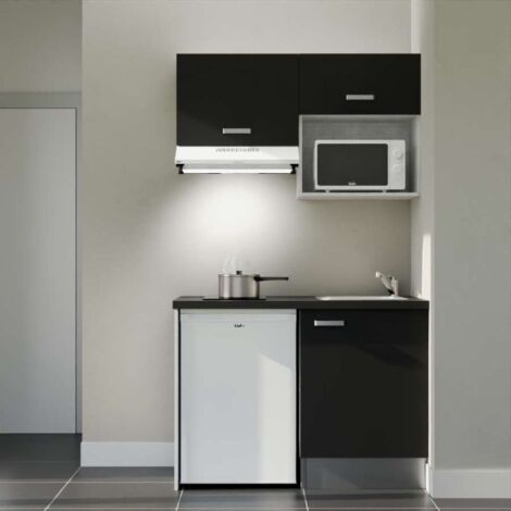 Kitchenette K02L-PT - 120 cm - plan stratifié, évier inox, - Façade Noir - Plan Noir texturé - Evier Inox - Crédences Non + Electroménager inclus coloris Blanc