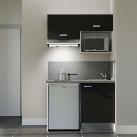 Kitchenette K02L-PT - 120 cm - plan stratifié, évier inox, - Façade Noir - Plan Gris béton - Evier Inox - Crédences Oui + Electroménager inclus coloris Inox