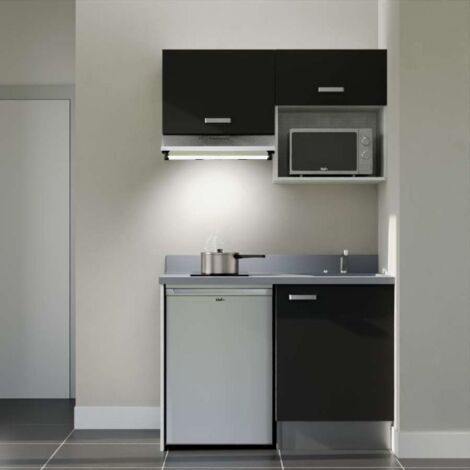 Kitchenette K02L - 120 cm - plan monobloc évier intégré Cromo- évier à droite - Façades Noir + Electroménager inclus coloris Inox