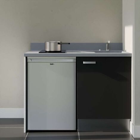 Kitchenette K08L - 120 cm - plan monobloc évier intégré Cromo- évier à droite - Façades Noir + Electroménager inclus coloris Inox