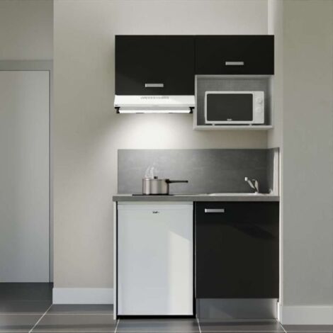 Kitchenette K02L-PT - 120 cm - plan stratifié, évier inox, - Façade Noir - Plan Gris béton - Evier Inox - Crédences Oui + Electroménager inclus coloris Blanc