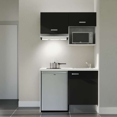 Kitchenette K02L-PT - 120 cm - plan stratifié, évier inox, - Façade Noir - Plan Blanc - Crédences Non + Electroménager inclus coloris Inox