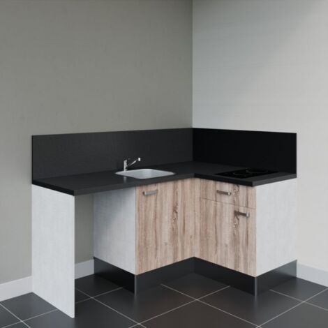 Kitchenette d'angle KA01L-PT avec plan de travail et évier - Façade Bois - Plan Noir texturé - Evier Inox - Crédences Oui
