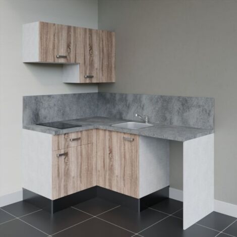 Kitchenette d'angle KA02L-PT avec plan de travail et évier - Façade Bois - Plan Gris béton - Evier Inox - Crédences Oui (1/5)