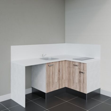 Kitchenette d'angle KA01L-PT avec plan de travail et évier Façade Bois - Plan Blanc - Evier