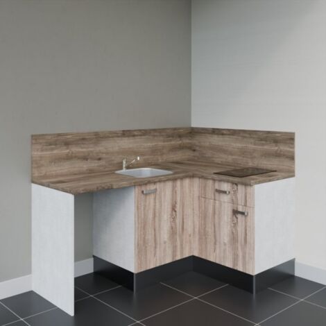 Kitchenette d'angle KA01L-PT avec plan de travail et évier - Façade Bois - Plan Bois - Evier Inox - Crédences Oui