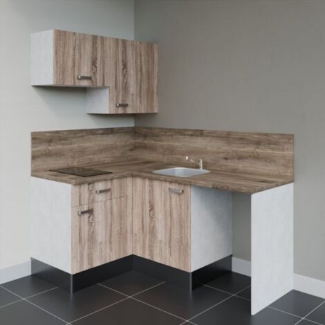 Kitchenette d'angle KA02L-PT avec plan de travail et évier - Façade Bois - Plan Bois - Evier Inox - Crédences Oui