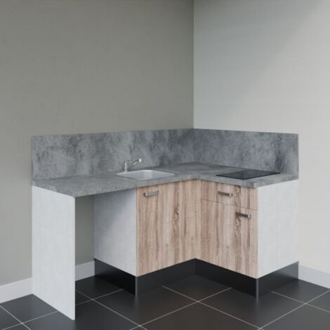 Kitchenette d'angle KA01L-PT avec plan de travail et évier - Façade Bois - Plan Gris béton - Evier Inox - Crédences Oui