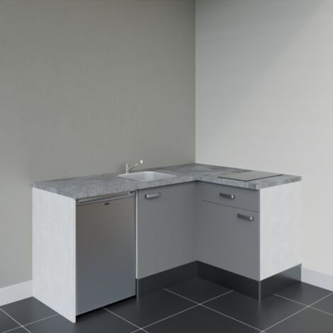 Kitchenette d'angle KA01L-PT électroménager inclus - Façade Gris - Plan Gris béton - Evier Inox - Crédences Non + Electroménager inclus coloris Inox
