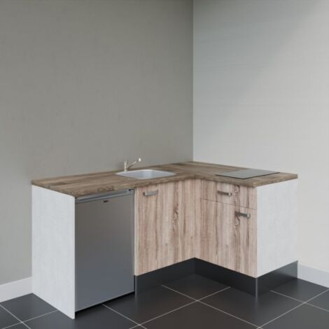 Kitchenette d'angle KA01L-PT électroménager inclus - Façade Bois - Plan Bois - Evier Inox - Crédences Non + Electroménager inclus coloris Inox
