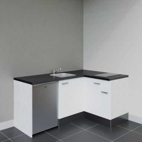 Kitchenette d'angle KA01L-PT électroménager inclus - Façade Blanc - Plan Noir texturé - Evier Inox - Crédences Non + Electroménager inclus coloris Inox (1/4)