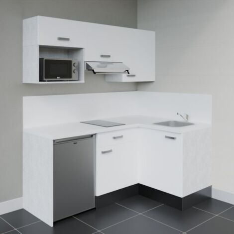 Kitchenette d'angle KA03L-PT électroménager inclus - Façade Blanc - Plan Blanc - Crédences Oui + Electroménager inclus coloris Inox (1/4)