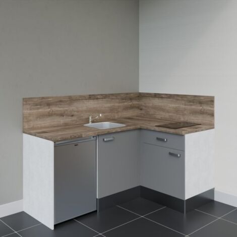 Kitchenette d'angle KA01L-PT électroménager inclus - Façade Gris - Plan Bois - Evier Inox - Crédences Oui + Electroménager inclus coloris Inox