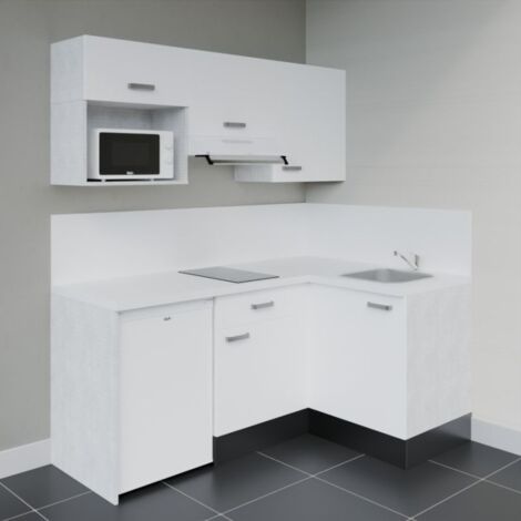 Kitchenette d'angle KA03L-PT électroménager inclus - Façade Blanc - Plan Blanc - Crédences Oui + Electroménager inclus coloris Blanc (1/4)