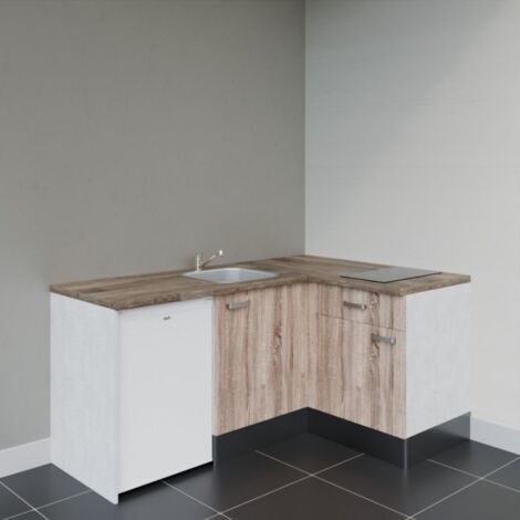Kitchenette d'angle KA01L-PT électroménager inclus - Façade Bois - Plan Bois - Evier Inox - Crédences Non + Electroménager inclus coloris Blanc