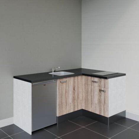 Kitchenette d'angle KA01L-PT électroménager inclus - Façade Bois - Plan Noir texturé - Evier Inox - Crédences Non + Electroménager inclus coloris Inox