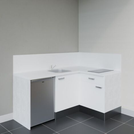 Kitchenette d'angle KA01L-PT électroménager inclus - Façade Blanc - Plan Blanc - Crédences Oui + Electroménager inclus coloris Inox (1/4)