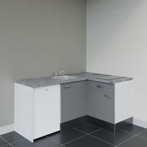 Kitchenette d'angle KA01L-PT électroménager inclus - Façade Gris - Plan Gris béton - Evier Inox - Crédences Non + Electroménager inclus coloris Blanc