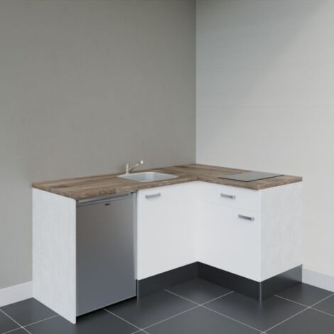 Kitchenette d'angle KA01L-PT électroménager inclus - Façade Blanc - Plan Bois - Evier Inox - Crédences Non + Electroménager inclus coloris Inox (1/4)