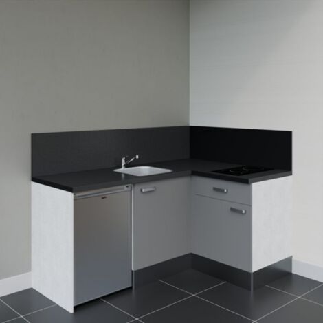 Kitchenette d'angle KA01L-PT électroménager inclus - Façade Gris - Plan Noir texturé - Evier Inox - Crédences Oui + Electroménager inclus coloris Inox (1/4)