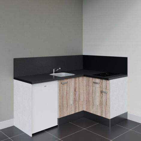 Kitchenette d'angle KA01L-PT électroménager inclus - Façade Bois - Plan Noir texturé - Evier Inox - Crédences Oui + Electroménager inclus coloris Blanc (1/4)
