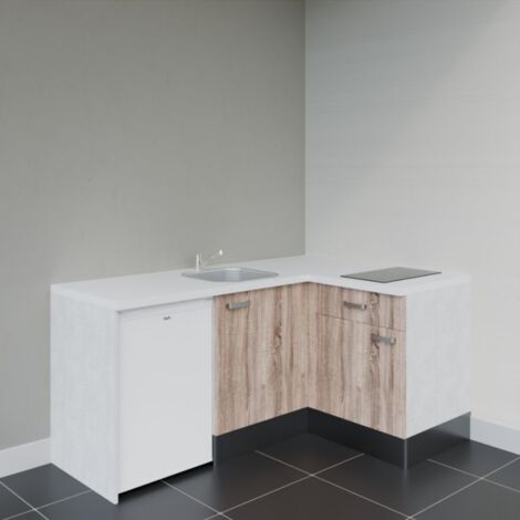 Kitchenette d'angle KA01L-PT électroménager inclus - Façade Bois - Plan Blanc - Crédences Non + Electroménager inclus coloris Blanc