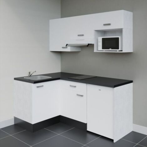 Kitchenette d'angle KA03L-PT électroménager inclus - Façade Blanc - Plan Noir texturé - Evier Inox - Crédences Non + Electroménager inclus coloris Blanc (1/4)