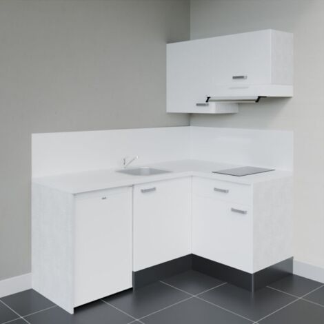 Kitchenette d'angle KA02L-PT électroménager inclus - Façade Blanc - Plan Blanc - Crédences Oui + Electroménager inclus coloris Blanc (1/4)