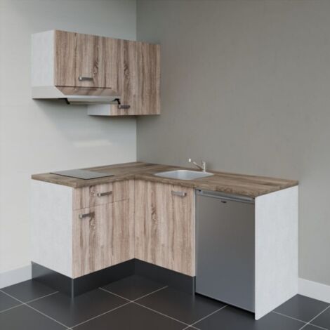 Kitchenette d'angle KA02L-PT électroménager inclus - Façade Bois - Plan Bois - Evier Inox - Crédences Non + Electroménager inclus coloris Inox (1/4)