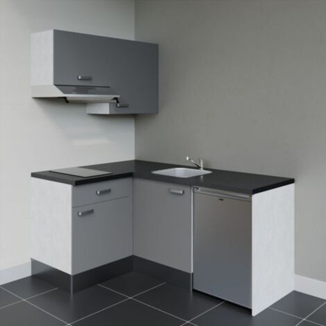 Kitchenette d'angle KA02L-PT électroménager inclus - Façade Gris - Plan Noir texturé - Evier Inox - Crédences Non + Electroménager inclus coloris Inox (1/4)