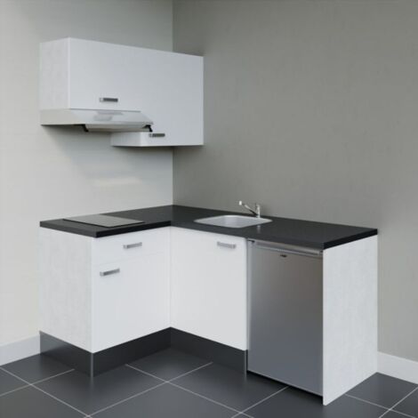 Kitchenette d'angle KA02L-PT électroménager inclus - Façade Blanc - Plan Noir texturé - Evier Inox - Crédences Non + Electroménager inclus coloris Inox (1/4)