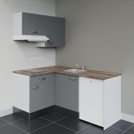 Kitchenette d'angle KA02L-PT électroménager inclus - Façade Gris - Plan Bois - Evier Inox - Crédences Non + Electroménager inclus coloris Blanc (1/4)