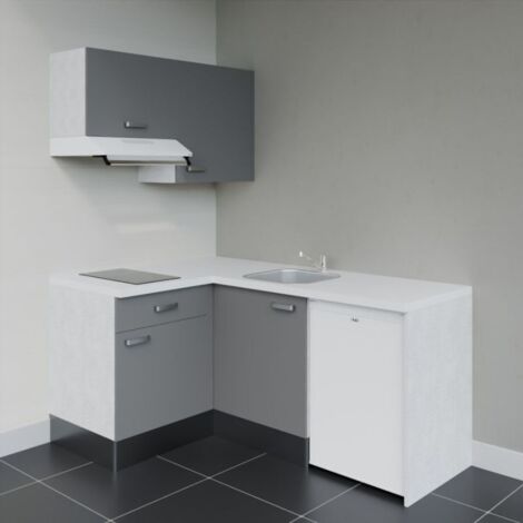 Kitchenette d'angle KA02L-PT électroménager inclus - Façade Gris - Plan Blanc - Crédences Non + Electroménager inclus coloris Blanc (1/4)
