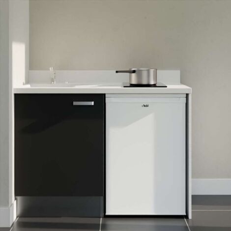 Kitchenette K08L - 120 cm - plan monobloc évier intégré Snova- évier à gauche - Façades Noir + Electroménager inclus coloris Blanc