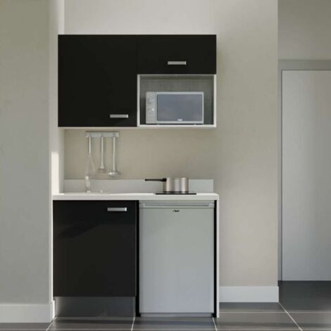 Kitchenette K07L - 120 cm - plan monobloc évier intégré Snova- évier à gauche - Façades Noir + Electroménager inclus coloris Inox (1/5)