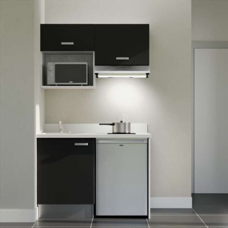 Kitchenette K02L - 120 cm - plan monobloc évier intégré Snova- évier à gauche - Façades Noir + Electroménager inclus coloris Inox (1/5)