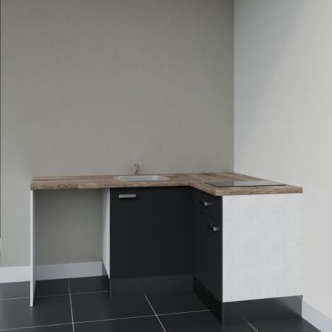 Kitchenette d'angle KA01L-PT avec plan de travail et évier - Façade Noir - Plan Bois - Evier Inox - Crédences Non