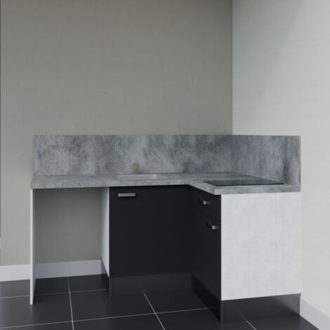 Kitchenette d'angle KA01L-PT avec plan de travail et évier - Façade Noir - Plan Gris béton - Evier Inox - Crédences Oui