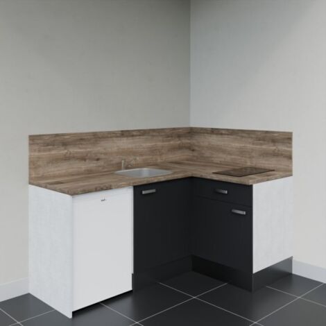 Kitchenette d'angle KA01L-PT électroménager inclus - Façade Noir - Plan Bois - Evier Inox - Crédences Oui + Electroménager inclus coloris Blanc (1/4)