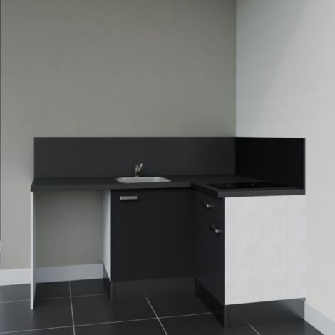 Kitchenette d'angle KA01L-PT avec plan de travail et évier - Façade Noir - Plan Noir texturé - Evier Inox - Crédences Oui