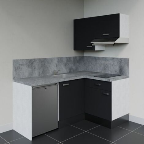 Kitchenette d'angle KA02L-PT électroménager inclus - Façade Noir - Plan Gris béton - Evier Inox - Crédences Oui + Electroménager inclus coloris Inox (1/4)