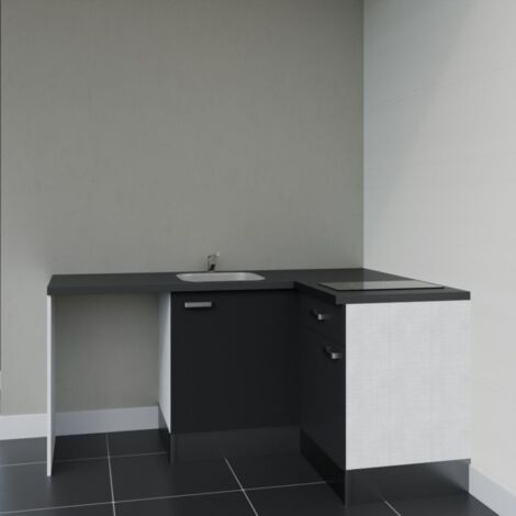 Kitchenette d'angle KA01L-PT avec plan de travail et évier - Façade Noir - Plan Noir texturé - Evier Inox - Crédences Non