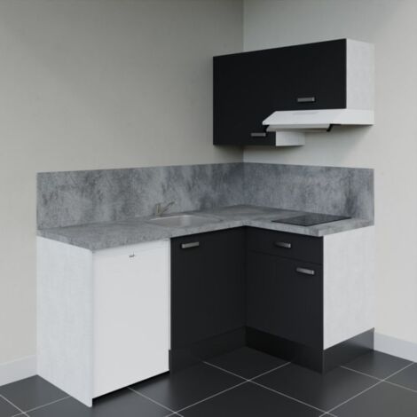 Kitchenette d'angle KA02L-PT électroménager inclus - Façade Noir - Plan Gris béton - Evier Inox - Crédences Oui + Electroménager inclus coloris Blanc (1/4)