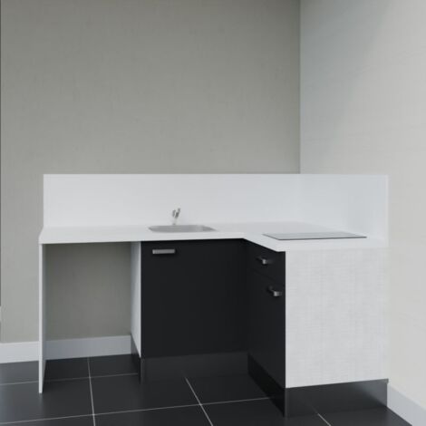 Kitchenette d'angle KA01L-PT avec plan de travail et évier Façade Noir - Plan Blanc - Evier
