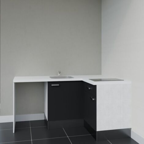 Kitchenette d'angle KA01L-PT avec plan de travail et évier Façade Noir - Plan Blanc - Evier