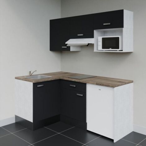Kitchenette d'angle KA03L-PT électroménager inclus - Façade Noir - Plan Bois - Evier Inox - Crédences Non + Electroménager inclus coloris Blanc (1/4)