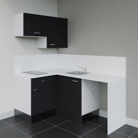 Kitchenette d'angle KA02L-PT avec plan de travail et évier Façade Noir - Plan Blanc - Evier