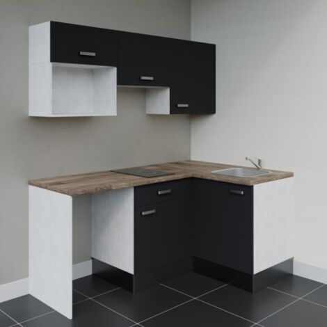Kitchenette d'angle KA03L-PT avec plan de travail et évier - Façade Noir - Plan Bois - Evier Inox - Crédences Non