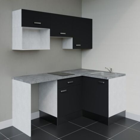 Kitchenette d'angle KA03L-PT avec plan de travail et évier - Façade Noir - Plan Gris béton - Evier Inox - Crédences Non